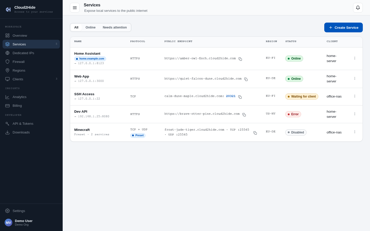Cloud2Hide console — services view
